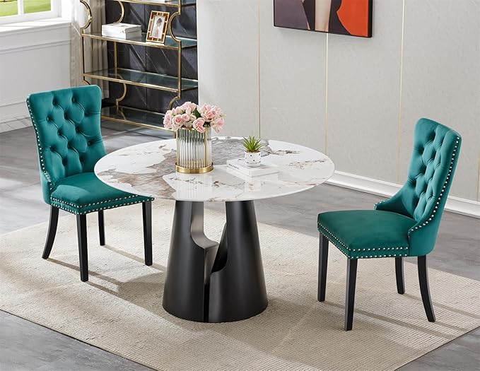 3-Piece Faux Marble Round Dining Table Set for 2, Modern Luxury Kitchen Table Set for 2 with Green Tufted Chairs,Circle Dining Tables with Pandora Grain Top and Black Pedestal Base