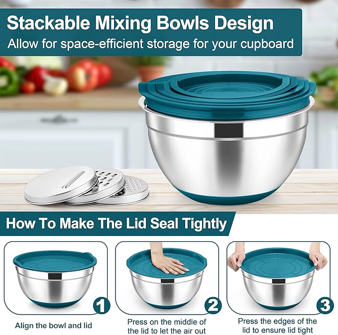 TeamFar Mixing Bowls, Stainless Steel Nesting Salad Bowl with Lids & 3 Graters, For Kitchen Cooking Serving Prepping, Airtight & Non-Slip, Size 4.6/3.5/2/1.5/1/0.7 QT, Set of 5 & Blue