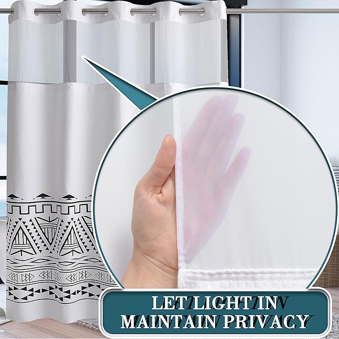 Extra Long No Hook Waffle Weave Shower Curtain with Snap in Liner Set, Hotel Luxury Boho Shower Curtains for Bathroom with See Through Top Window, Waterproof, Washable 71W x 84H White