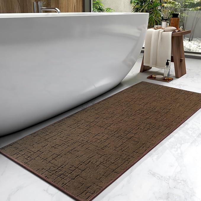 AMOAMI-Bath Mat-Absorbent Quick Dry Bathroom Floor Mats-Washable Rubber Backing Bath Mats for Bathroom Rugs Fit Under Door-Bath Rug for in Front of Sink Bathtub Shower Room, Chocolate 17''x59''