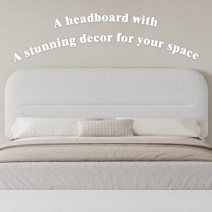 HOMBCK Queen Size Boucle Bed Frame, Upholstered Bed Frame with Headboard, Soft Cloud Bed with Thickened Footboard, Rounded Corners, No Box Spring Needed, Easy Assembly, White