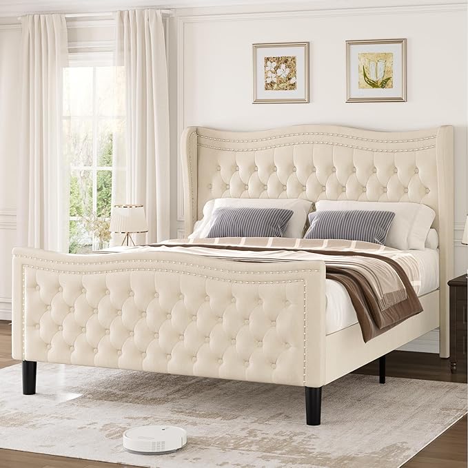 King Bed Frame with Tall Headboard & Footboard, Velvet Upholstered Platform Bed Frame with Deep Button Tufted Wingback, No Box Spring Needed, Noise Free, Beige