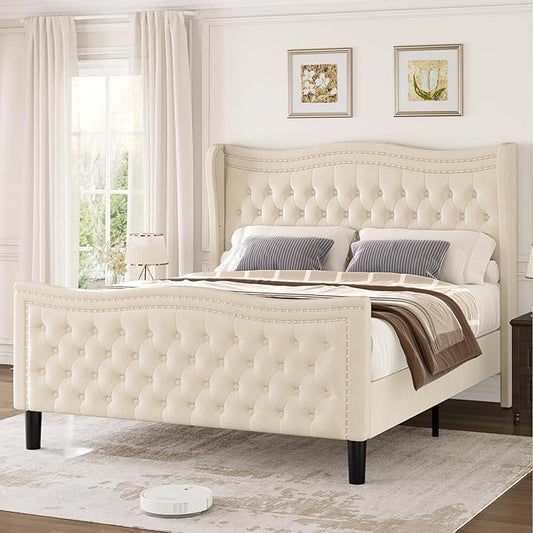 King Bed Frame with Tall Headboard & Footboard, Velvet Upholstered Platform Bed Frame with Deep Button Tufted Wingback, No Box Spring Needed, Noise Free, Beige