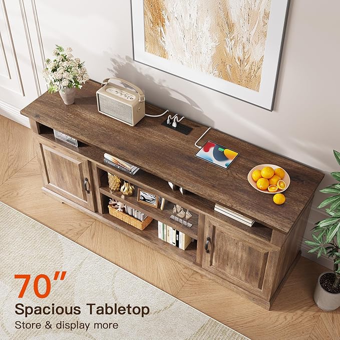 Amada TV Stand for TVs Up to 80 Inch, Entertainment Center TV Stand with Drawer Storage Cabinet, Adjustable Shelves, Cable Management, Farmhouse Rustic Wood TV Console for Living Room, Bedroom, Brown