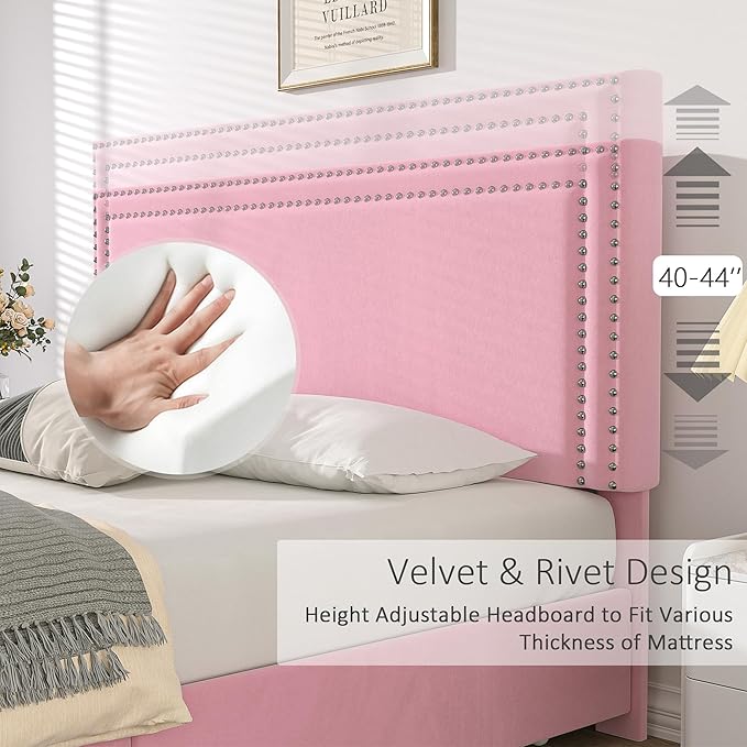 VECELO Queen Size Upholstered Platform Bed Frame with 4 Storage Drawers, Adjustable Velvet Rivets Headboard, Wooden Slats Support, No Box Spring Needed, Easy Assembly