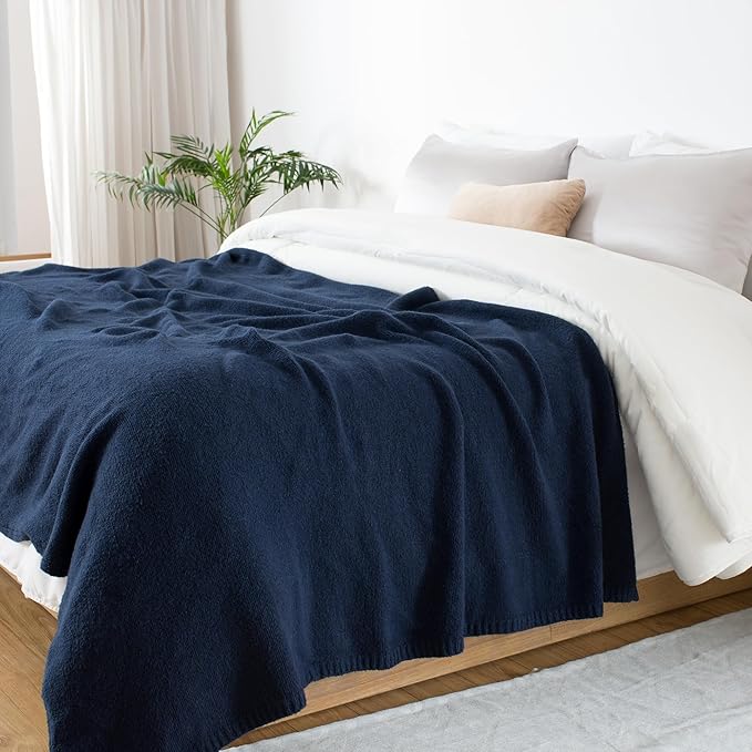 Carriediosa Wool Blend Knit Throw Blanket 50" X 60", 50% Recycled Polyester Soft Cable Knitted Fluffy Throws for Couch Lightweight Woven Blankets for Sofa Fuzzy Cozy Bed Cover, Indigo Blue