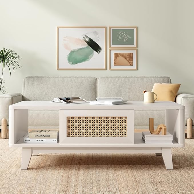 Soohow Coffee Table, Mid Century Living Room Tables with Storage, Modern Square with Rattan Drawer, Wooden Living Room Table with Solid Wood Leg