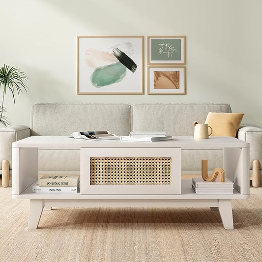 Soohow Coffee Table, Mid Century Living Room Tables with Storage, Modern Square with Rattan Drawer, Wooden Living Room Table with Solid Wood Leg