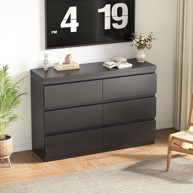 Black 6 Drawer Dresser for Bedroom, 15.3" D x 47.2" W x 32.3" H in Simply Modern Chest of Drawers, Wood Storage Double Dresser with Deep Drawers for Living Room, Hallway Entryway, Black