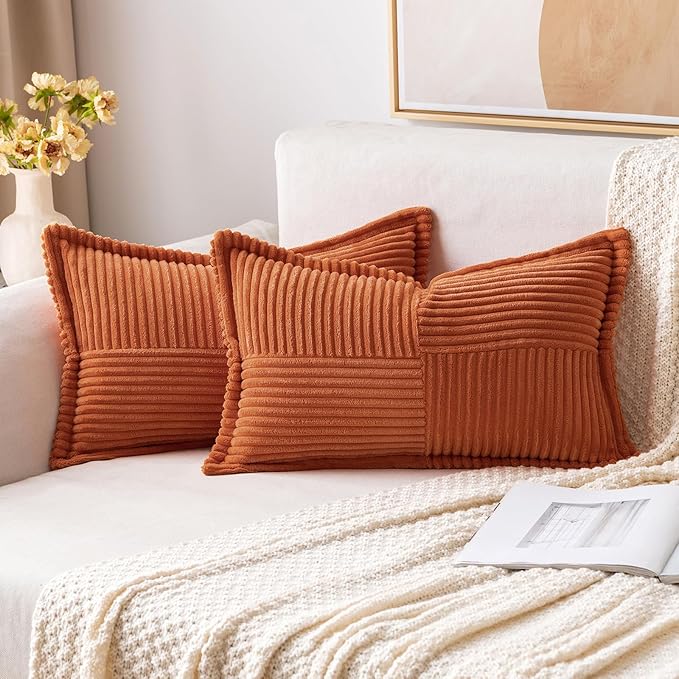 MIULEE Rust Fall Decorative Lumbar Throw Pillow Covers for Couch Bed Livingroom 12x20 Inch Set of 2 Boho Accent Throw Pllows Broadside Striped Patchwork Soft Corduroy Pillowcases