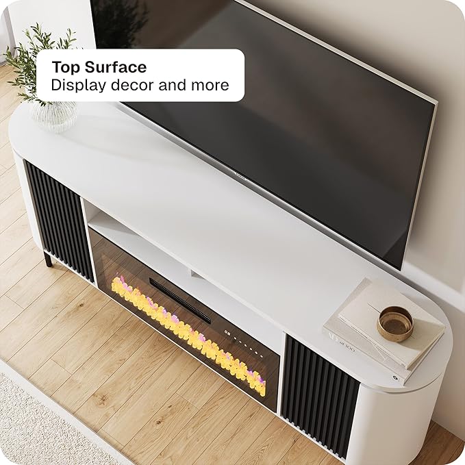 BELLEZE 76" Curved Profile TV Stand with 36" Electric Fireplace, Large Entertainment Center with Storage for TVs up to 80", Modern Media Console Fluted TV Cabinet for Living Room, White
