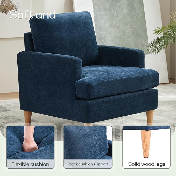 VKNOW Mid-Century Accent Chairs Set of 2, Modern Upholstered Chenille Armchair for Living Room,Comfy Reading Accent Chairs with Wood Legs for Bedroom, Navy Blue