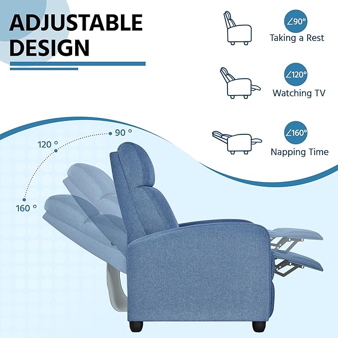 Yaheetech Fabric Recliner Chair Sofa Ergonomic Adjustable Single Sofa with Thicker Seat Cushion Modern Home Theater Seating for Living Room Light Blue