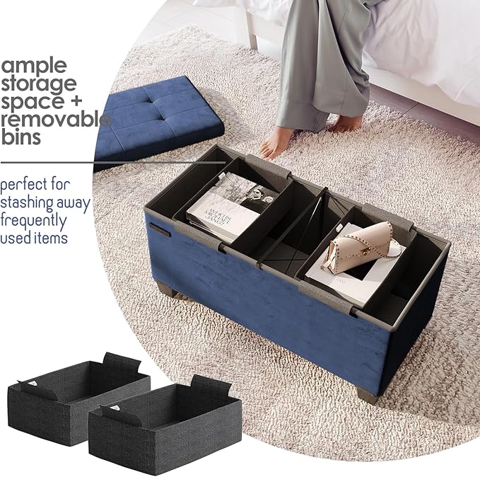 STORAGEBUD Storage Ottoman Bench with Bins, 30-in Storage Bench for Bedroom End of Bed, Folding Foot Rest Ottoman for Living Room Max 660lbs, Velvet Ottomans, Blue