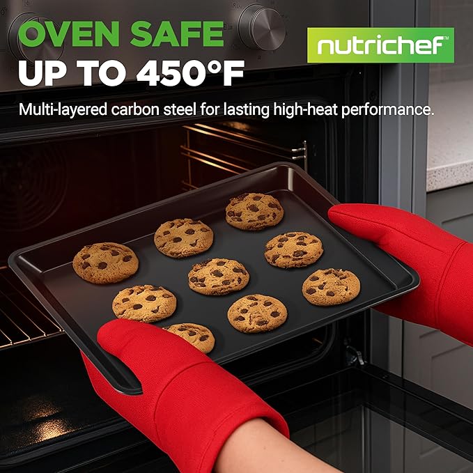 NutriChef 2-Piece Black Non-Stick Cookie Sheet Baking Tray Set - Versatile & Durable Carbon Steel Bakeware Sets, Stackable & Easy-Clean, NC2TRBL