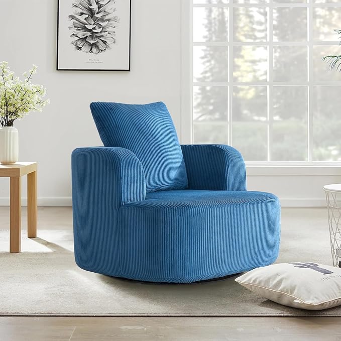 Furnimart 360° Swivel Barrel Accent Chair Set of 2, Round Upholstered Comfy Lounge Chair, Corduroy High-Resilienc Foam Single Sofa, No Assembly Wide Seat for Living Room, Bedroom, Apartment (Blue)