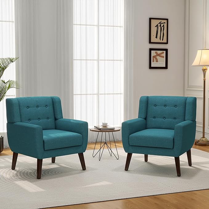 Accent Chair, Mid-Century Modern Fabric Chairs with Arms for Living Room, Comfy Upholstered Club Single Sofa Armchair for Bedroom Waiting Room with Solid Wood Frame (Fabric Turquoise, Set of 2)