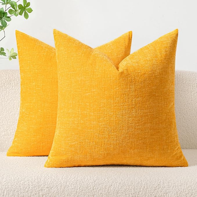 MIULEE Pack of 2 Couch Throw Pillow Covers 16x16 Inch Soft Goose Yellow Chenille Pillow Covers for Sofa Living Room Solid Dyed Pillow Cases