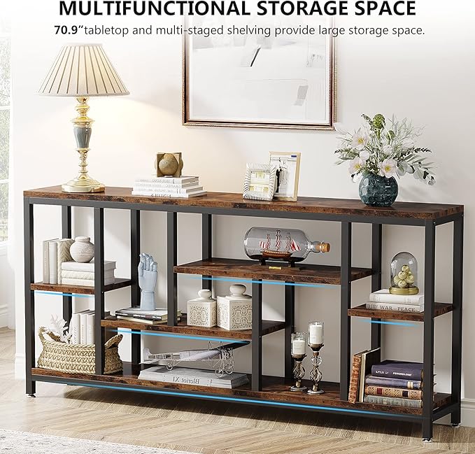 Tribesigns Console Sofa Table, 70.9 inch Extra Long Table Behind Couch with Storage Shelves, 3-Tier Industrial Narrow Entryway Hallway Accent Table for Living Room, Rustic Brown