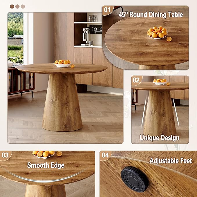 Round Dining Table Set for 4,45'' Farmhouse Dining Room Table Set for 4 with Suede Chairs,1" Thick Wood Pattern Tabletop with Conical Base,5 Pieces Kitchen Table Set for Dining Room,Apartment