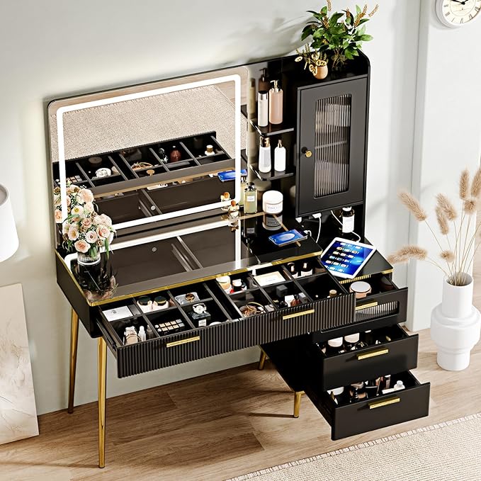 Vanity Desk with 29.53" HD Lighted Mirror, 47.24" Big Modern Vanity Desk with Mirror and Lights, Makeup Vanity with 5 Drawers and Storage Shelves and Charging Station, Black