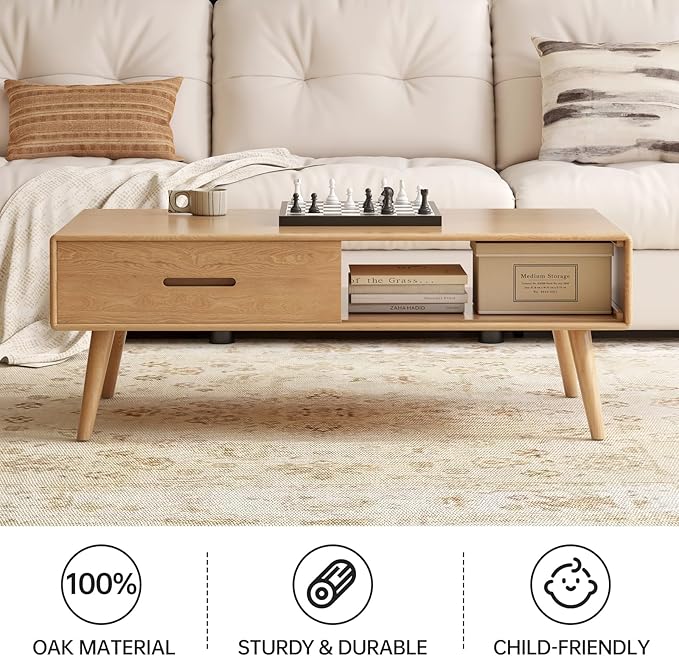 100% Solid Wood Coffee Table for Living Room, Mid-Century Modern Coffee Table with Storage Shelf and 2 Drawers, Oak Coffee Tables for Home (Natural Wood Color, 39.37'' W)