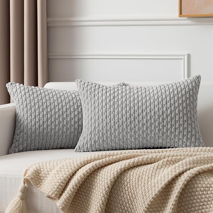 Kevin Textile Decor Solid Decorative Pillow Case Striped Jacquard Cushion Cover for Lumbar Light Grey 12x20 Inch (30x50cm) 2 Pieces