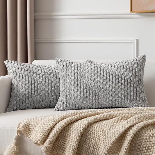 Kevin Textile Decor Solid Decorative Pillow Case Striped Jacquard Cushion Cover for Lumbar Light Grey 12x20 Inch (30x50cm) 2 Pieces