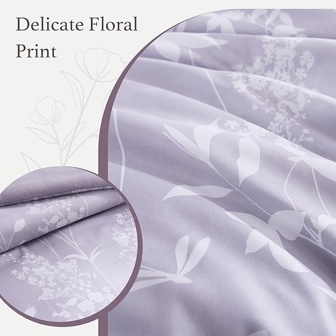 Full Comforter Set -7 Pieces Floral Purple Comforter Set for All Seasons, Bed in a Bag Full with Botanical Flowers Comforter, Sheets, Pillowcases & Shams