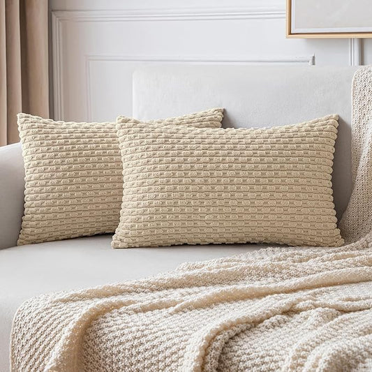 MIULEE Throw Pillow Covers Soft Corduroy Decorative Set of 2 Boho Summer Striped Pillow Covers Pillowcases Farmhouse Home Decor for Couch Bed Sofa Living Room 12x20 Inch Beige