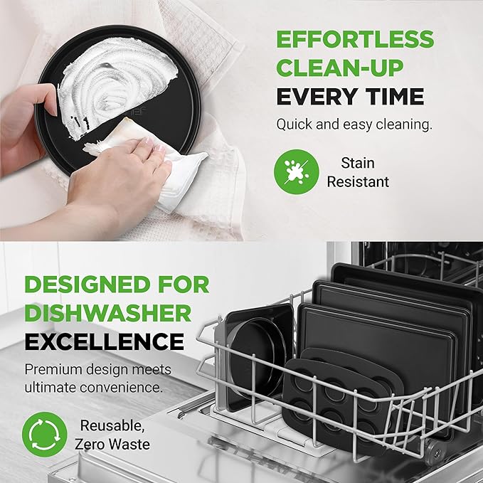 NutriChef 8-Piece Nonstick Stackable Bakeware Set – Non Toxic Carbon Steel Baking Trays W/Cookies Sheet Muffin, Loaf, Cake, Round & Square Pan – Easy To clean & Easy to Release, Oven Safe – Gray