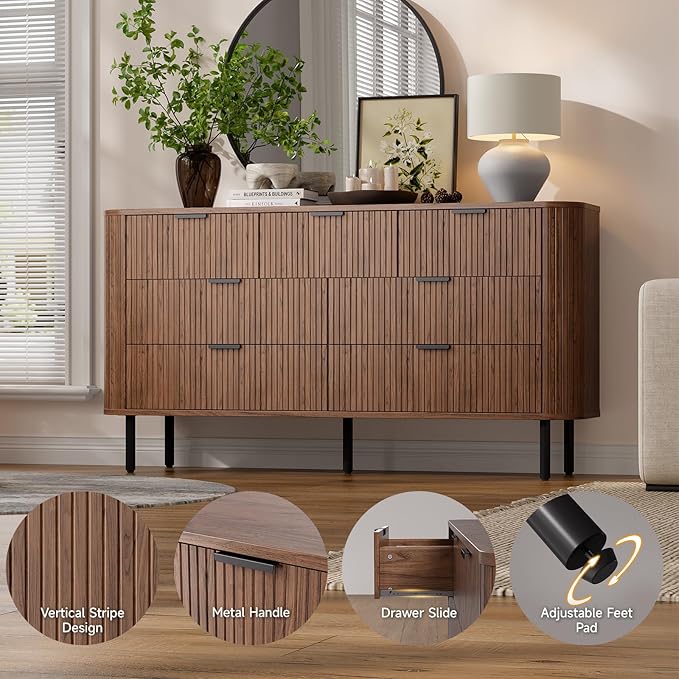 Fluted Dresser for Bedroom with 7 Drawers, 60 Inch Wide Modern Chest of Drawers with Metal Handle, Curved Profile Design, Wood Dresser TV Stand for Bedroom, Living Room, Hallway, Walnut