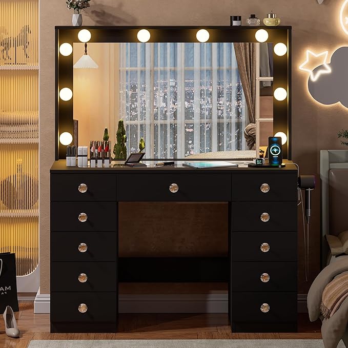 43.3" Vanity with Large Mirror and 10 LED Lights, Vanity Desk with Glasstop, 11 Drawers with Crystal Handles, Dressing Table with Power Outlet as Gift for Women, Girls (Black)