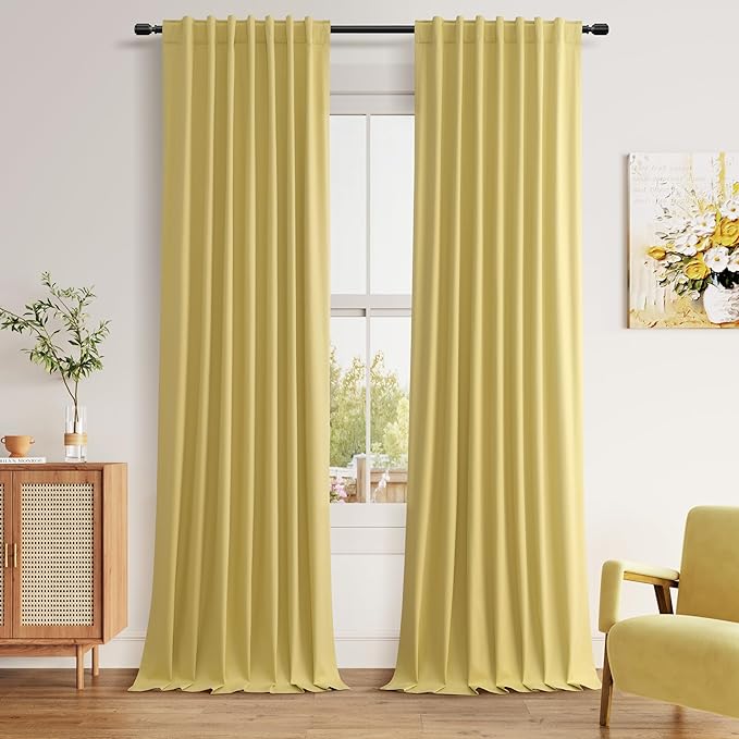 Guken Yellow Blackout Curtains 120 Inch Length 2 Panels Set for Living Room Bedroom Back Tab Thermal Insulated 100% Black Out Linen Drapes Room Darkening Window Curtains 120 Inches Long