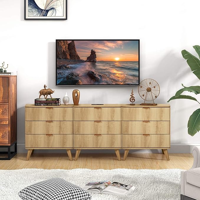 Fluted 3 Drawer Small Dresser for Bedroom, Mid Century Modern Nightstand with Charging Table Top, Low Bedside Table for Closet Cloth, End Table Short Storage, Living Room, Dorm - Natural