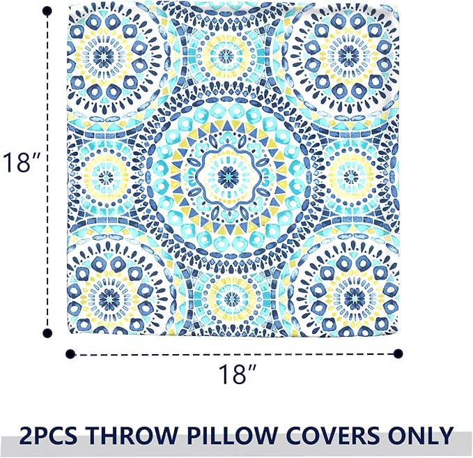 Outdoor Throw Pillow Covers 18”x18”, Decorative Pillow Covers for Patio Furniture, Modern Cushion Cases for Garden Couch Home Sofa Bed Office Chair, Pack of 2, Delancey Lagoon
