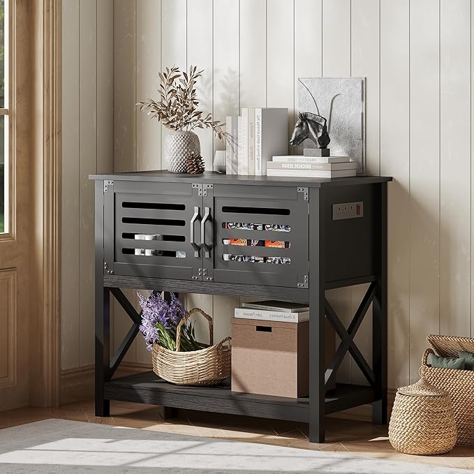 ChooChoo Black Console Table with Charging Station, 35.4 L x 17.7 D x 31.49 H Coffee Bar Cabinet with Storage, Sideboard Buffet Cabinet with Doors for Kitchen, Living Room