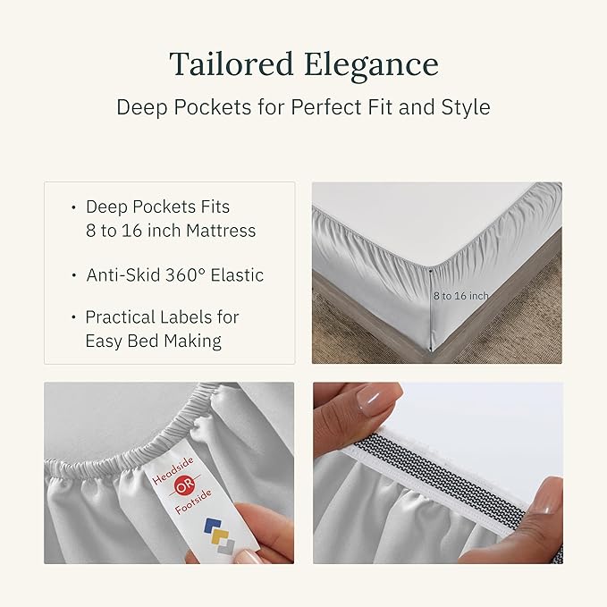 Certified Luxury 100% Egyptian Cotton Sheets, Queen Size Sheet, Deep Pocket Bed Sheets Set, Sateen Cooling Sheets for Hot Sleepers, Queen Egyptian Cotton Sheet Set, Light Grey Queen Sheet Set