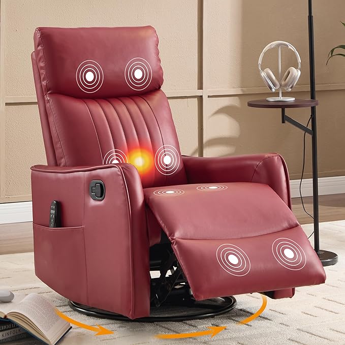 Manual Swivel Rocker Recliner Chair for Adults, Overstuffed Recliner Glider with Massage and Heat, Living Room Reclining Chair, PU Leather Red