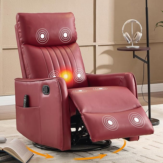 Manual Swivel Rocker Recliner Chair for Adults, Overstuffed Recliner Glider with Massage and Heat, Living Room Reclining Chair, PU Leather Red