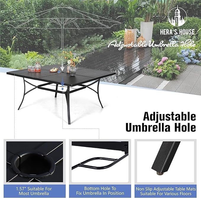 HERA'S HOUSE 9 Pieces Patio Table and Chairs Set, Outdoor Dining Set for 8, 8 x Rattan Patio Chairs and 1 x 60 Square Metal Dining Table, Outdoor Rattan Dining Table Set for Lawn Garden Backyard