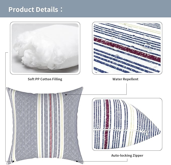 Outdoor Pillows for Patio Furniture 18x18 inch, Square Outdoor Throw Pillows with Inserts, Decorative Toss Pillows for Garden Couch Home Sofa Office Chair, Pack of 2, Stripe Denim Blue