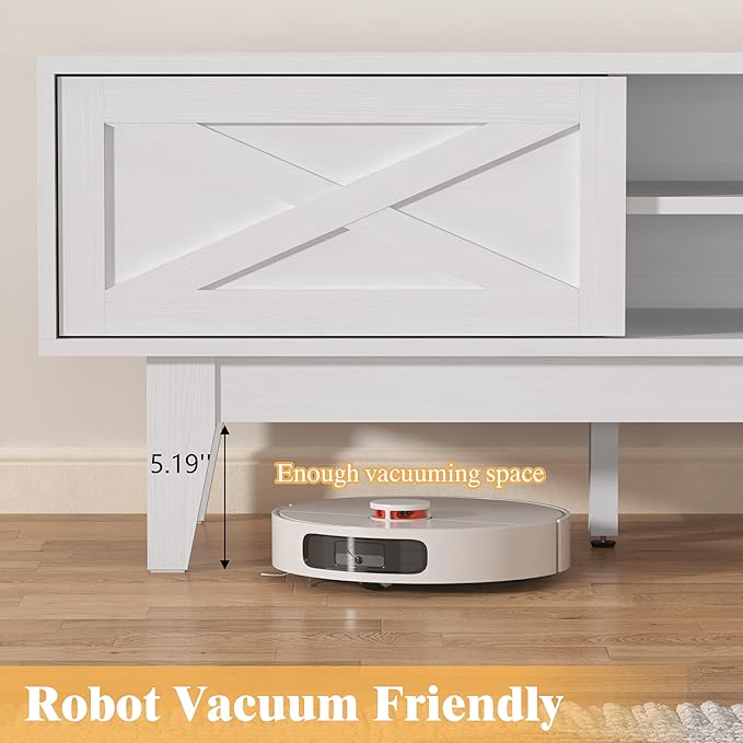 Wooden TV Stand for 55 65 70 inch TV, Long & Large TV Media Console Table with Storage Cabinets, Boho Farmhouse Entertainment Center for Living Room, Bedroom - White