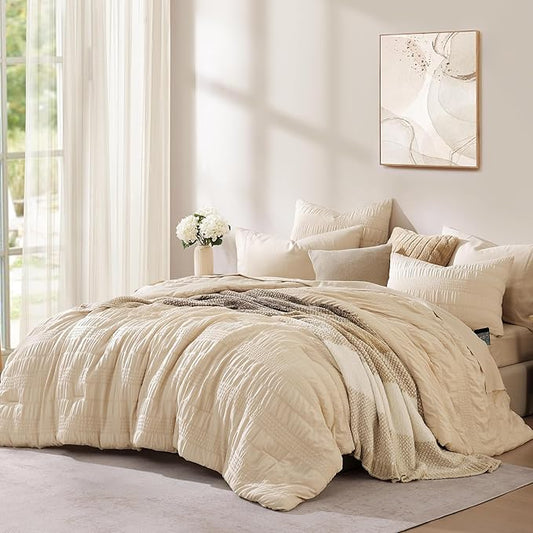 CASAAGUSTO King Size Comforter Set, 7 Pieces Beige Seersucker Bed in a Bag King Soft All Seasons, King Bedding Sets with Comforter, Flat Sheet, Fitted Sheet, 2 Pillow Shams, 2 Pillowcases