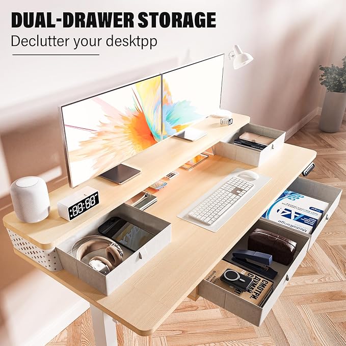 Electric Standing Desk with 4 Drawers 48''x 24'' Adjustable Height Sit to Stand Up Desk with Storage Shelf, C-Clamp Mount Compatible Black Home Office Desks Computer Gaming Table Ergonomic Workstation