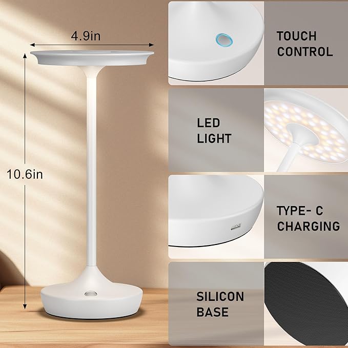 LED Rechargeable Cordless Table Lamps, Portable Outdoor Battery Operated Table Light 3 Color Stepless Dimming Table Lamp with Memory Function for Patio Restaurant Dining Room White