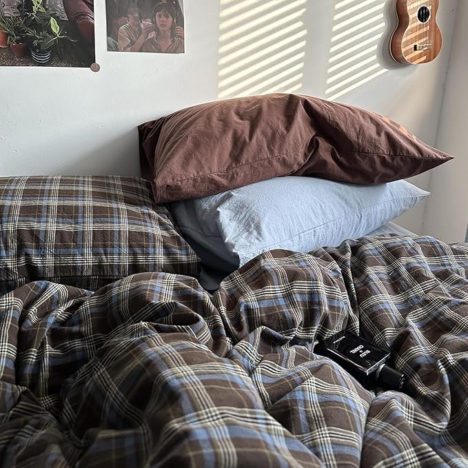 mixinni Vintage Blue & Brown Buffalo Plaid Comforter Set Queen Size - 3-Piece Washed Cotton Soft Geometric Checkered Pattern Bedding Set for All-Seasons Lightweight & Breathable-Queen Size