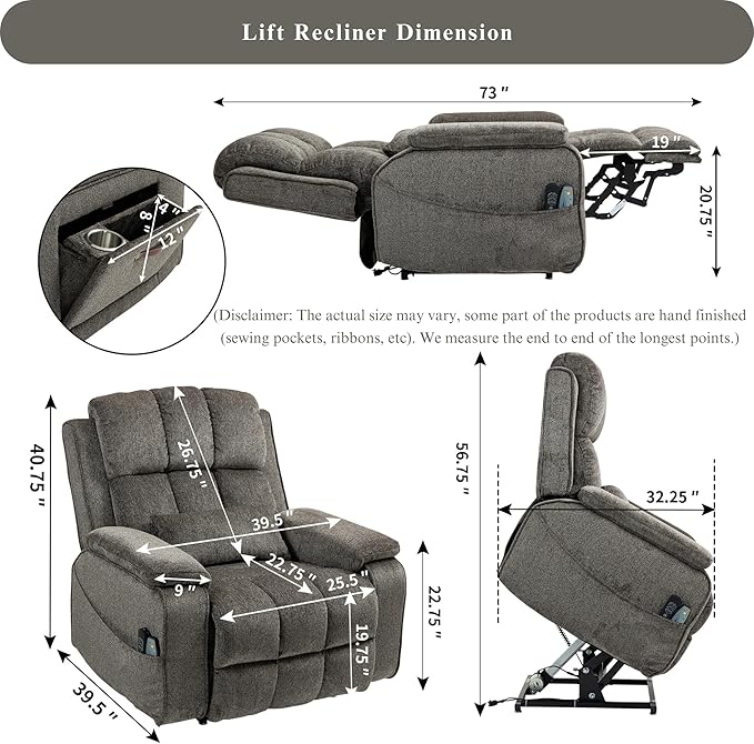 Power Lift Recliner Chairs for Elderly - Infinite Position Lay Flat Recliner with Heat & Massage Side Storage Cup Holder - USB Type C Charging - Dual Motor Lift Chair 400 lbs