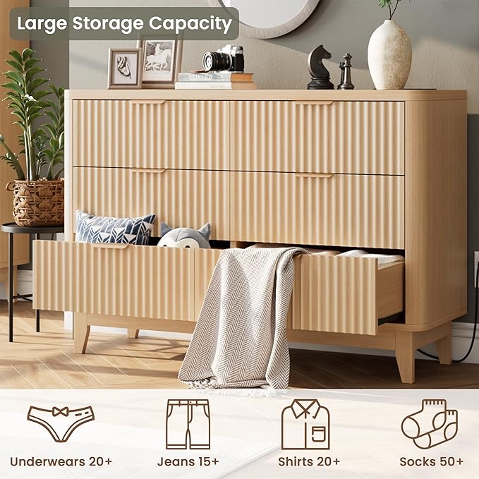 HAIOOU Fluted 6 Drawer Dresser with Power Outlet, 47.2” Wide Modern Chest of Drawers, Curved Profile Design Wooden Dresser for Bedroom, Clothing Storage Organizer TV Stand for Closet - Natural Oak