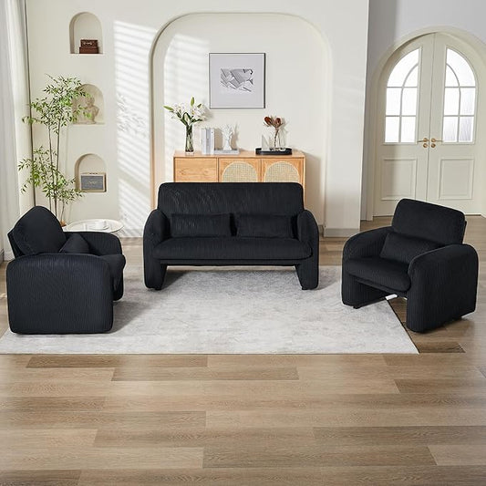 Corduroy Accent Living Room Sets, Modern Upholstered Love Seat with 2 Accent Chairs, Wide Comfy Leisure Chair Sets for Bedroom, Office, Black